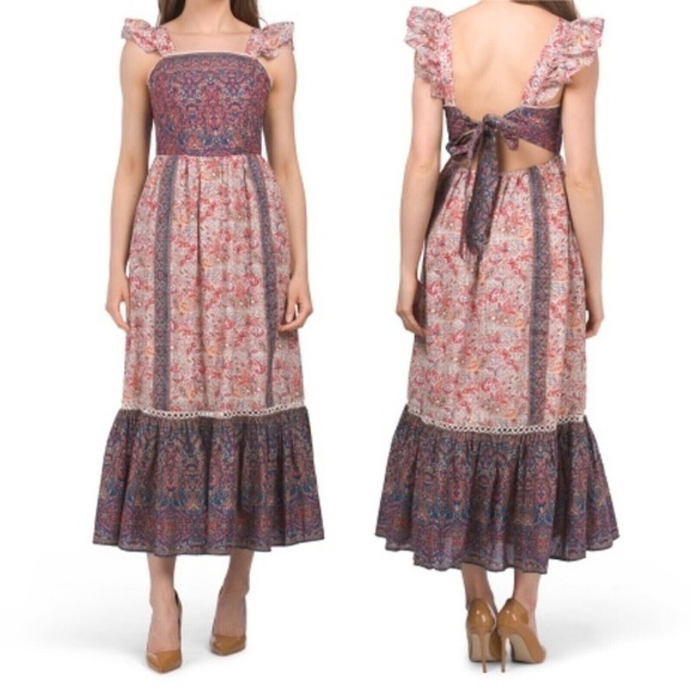 NWT Haute Hippie Boho Fairy Floral  Flutter Sleeve Maxi Dress open Back Size 6
